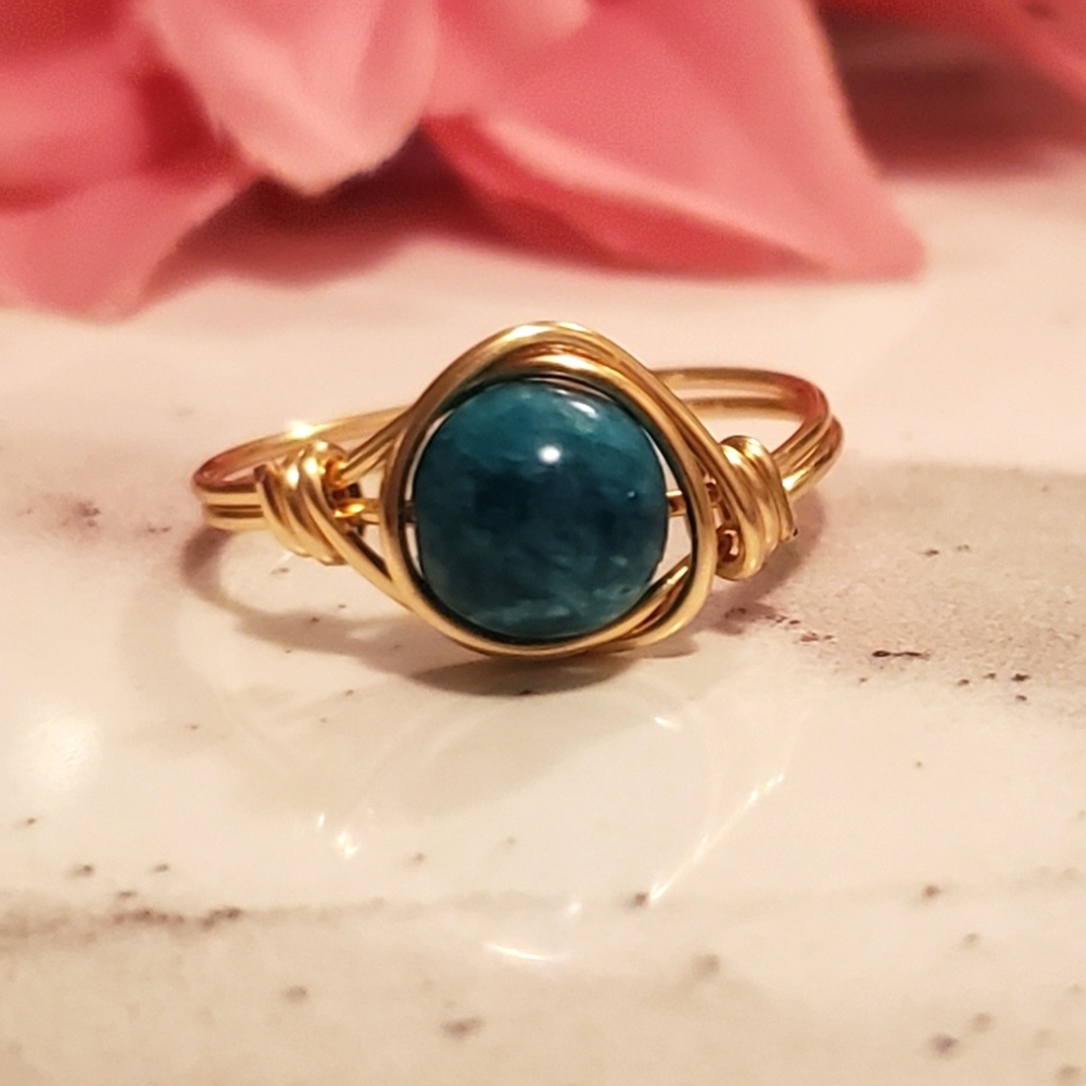 Blue Green Jade Gold Wire Wrapped Ring